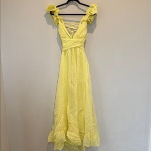 Storia Lemon Yellow Ruffle-Shoulder Lace-Back Maxi Dress